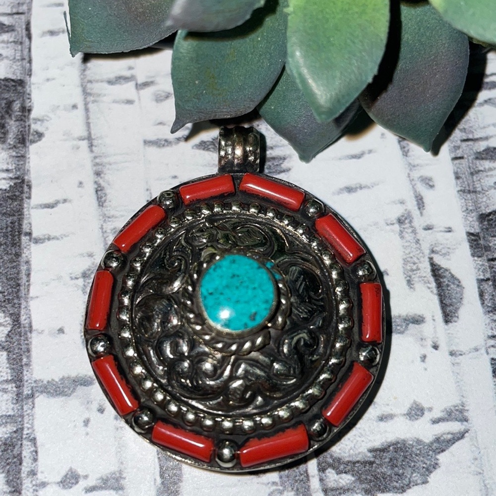 Tibetan Turquoise & Coral Silver Pendant